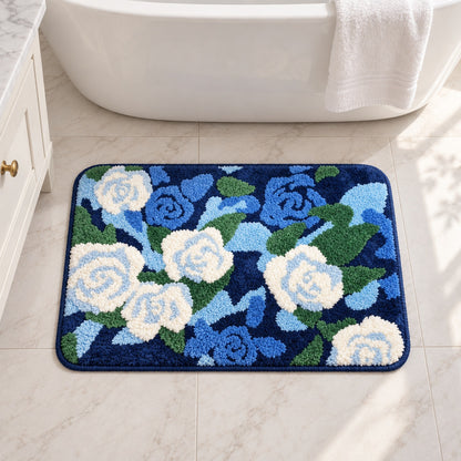Feblilac Blue-white Rose Garden Tufted Bath Mat