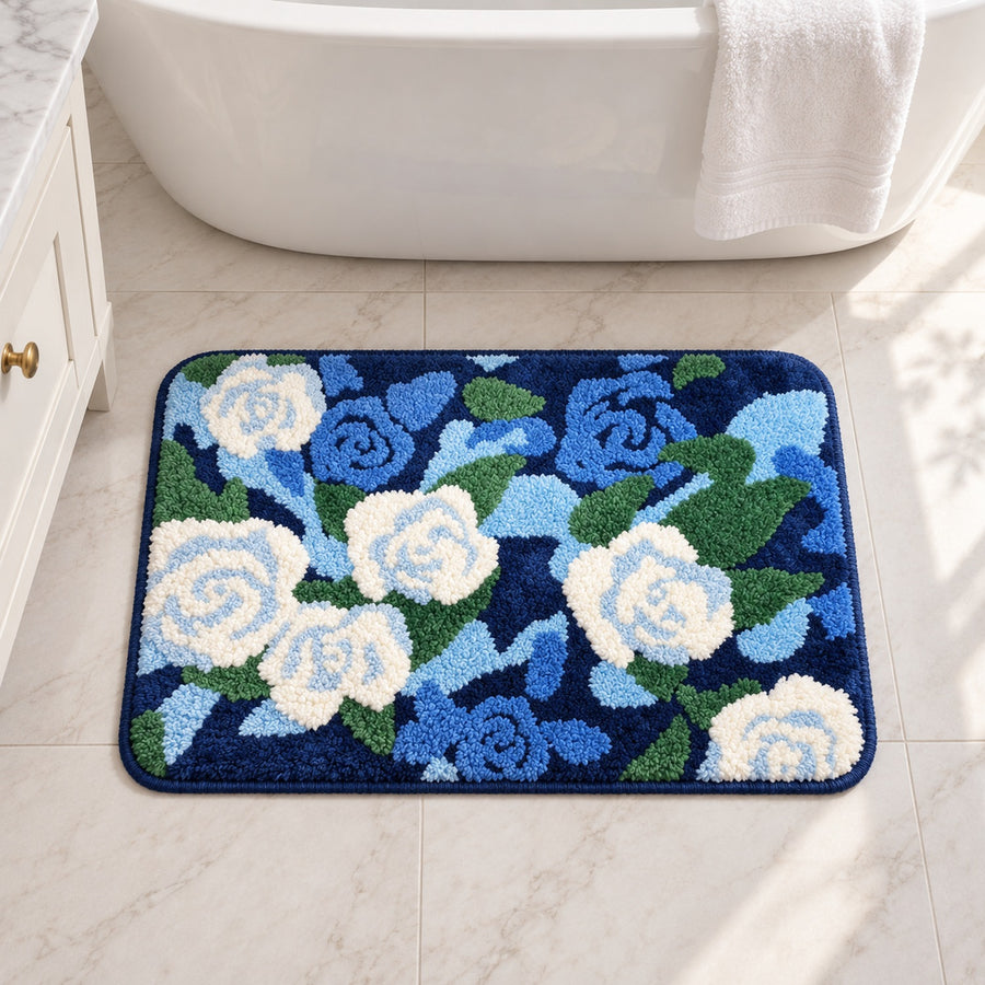 Feblilac Blue-white Rose Garden Tufted Bath Mat