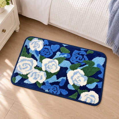 Feblilac Blue-white Rose Garden Tufted Bath Mat