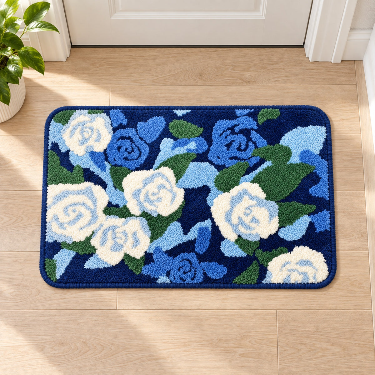 Feblilac Blue-white Rose Garden Tufted Bath Mat