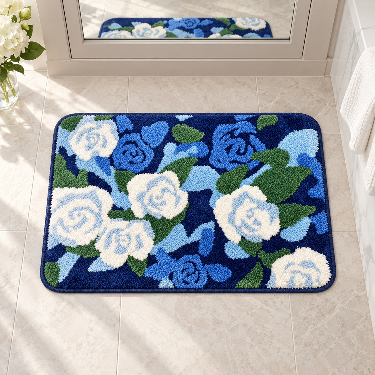 Feblilac Blue-white Rose Garden Tufted Bath Mat