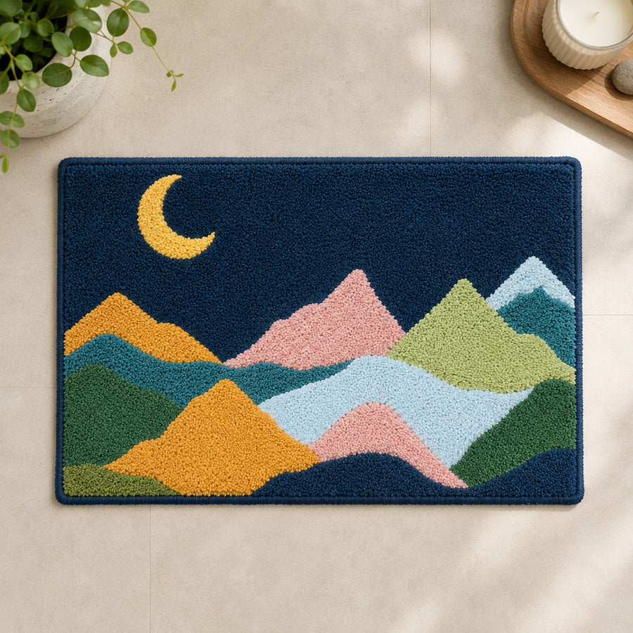 Feblilac Colorful Mountains and Moon on Green Tufted Bath Mat