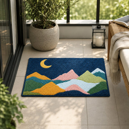 Feblilac Colorful Mountains and Moon on Green Tufted Bath Mat