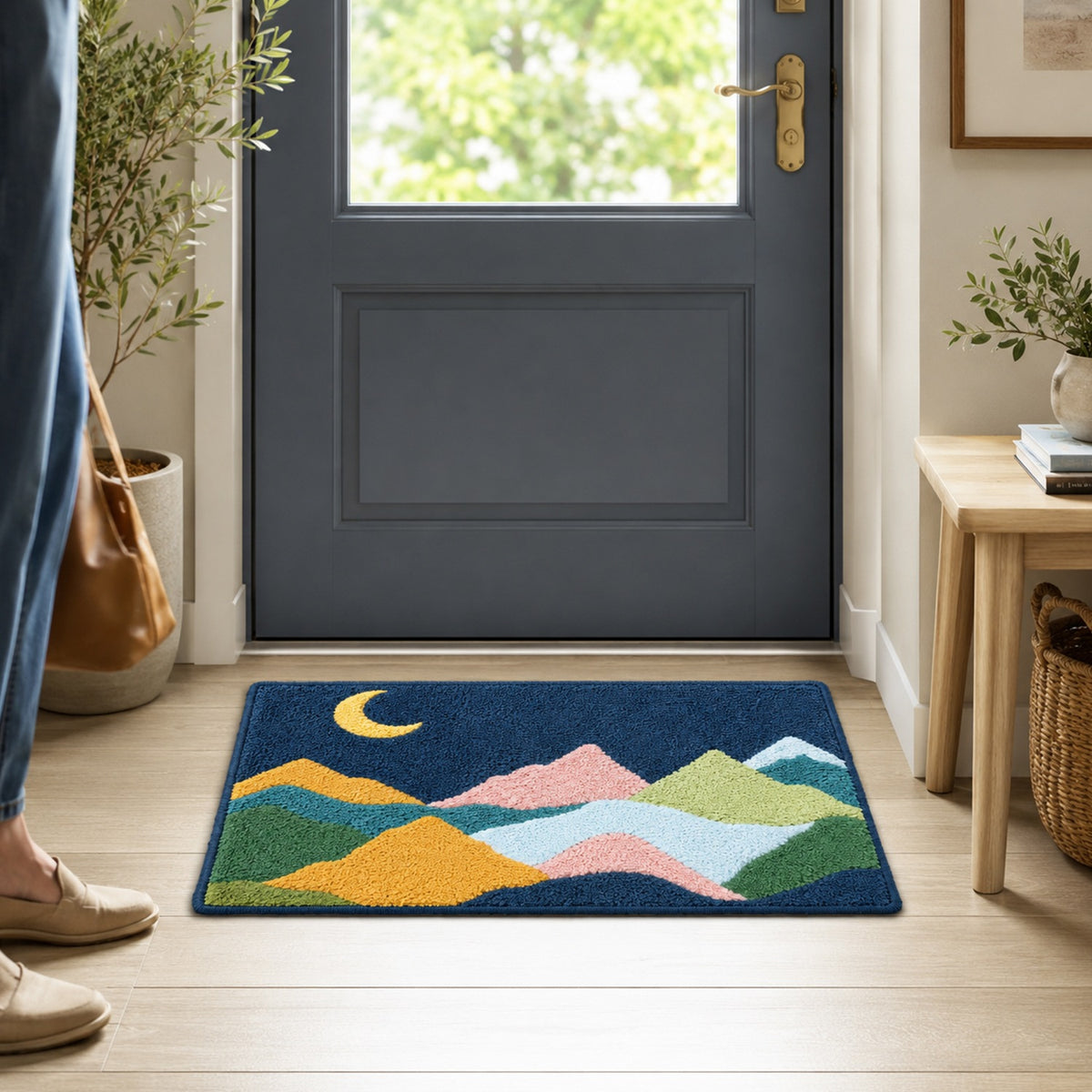 Feblilac Colorful Mountains and Moon on Green Tufted Bath Mat