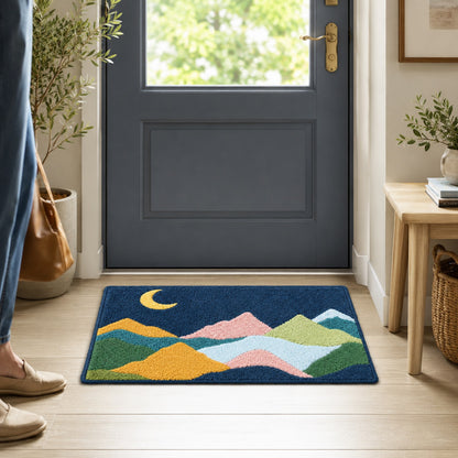 Feblilac Colorful Mountains and Moon on Green Tufted Bath Mat