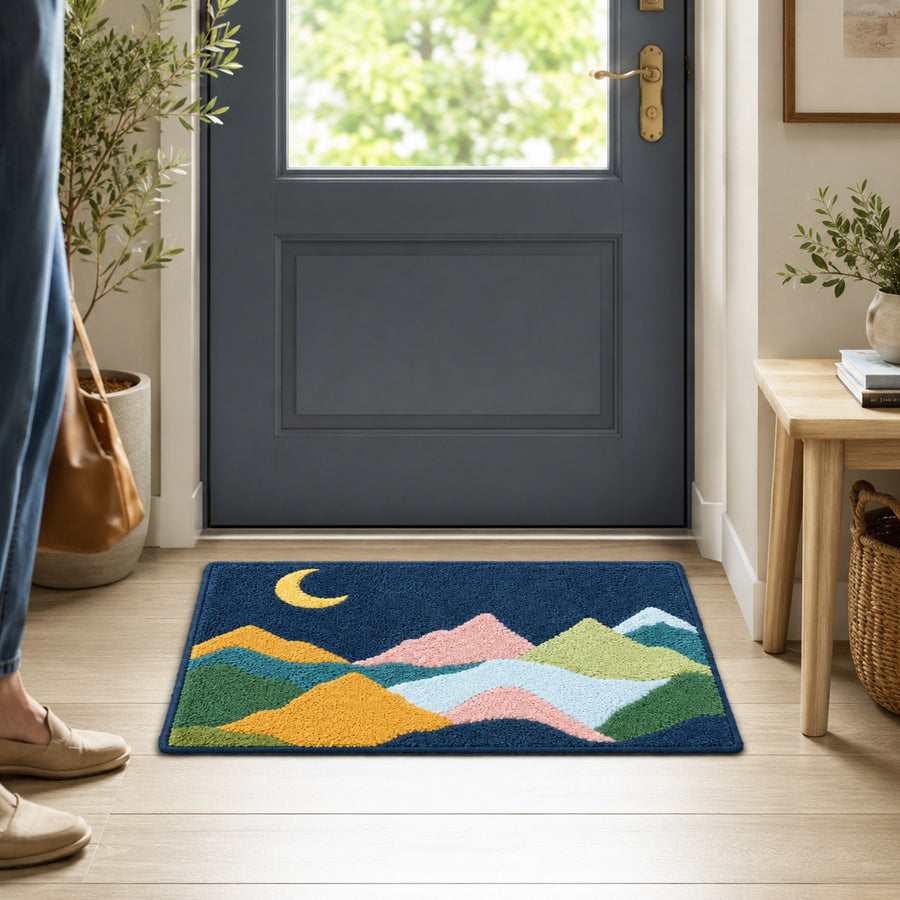 Feblilac Colorful Mountains and Moon on Green Tufted Bath Mat