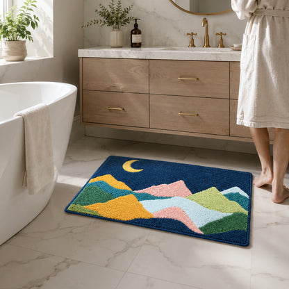Feblilac Colorful Mountains and Moon on Green Tufted Bath Mat