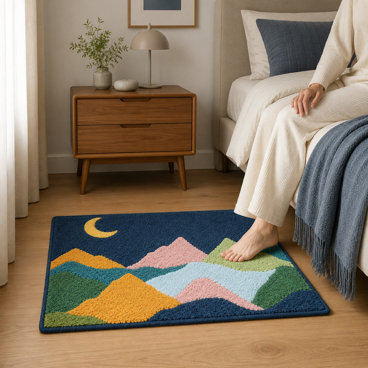 Feblilac Colorful Mountains and Moon on Green Tufted Bath Mat