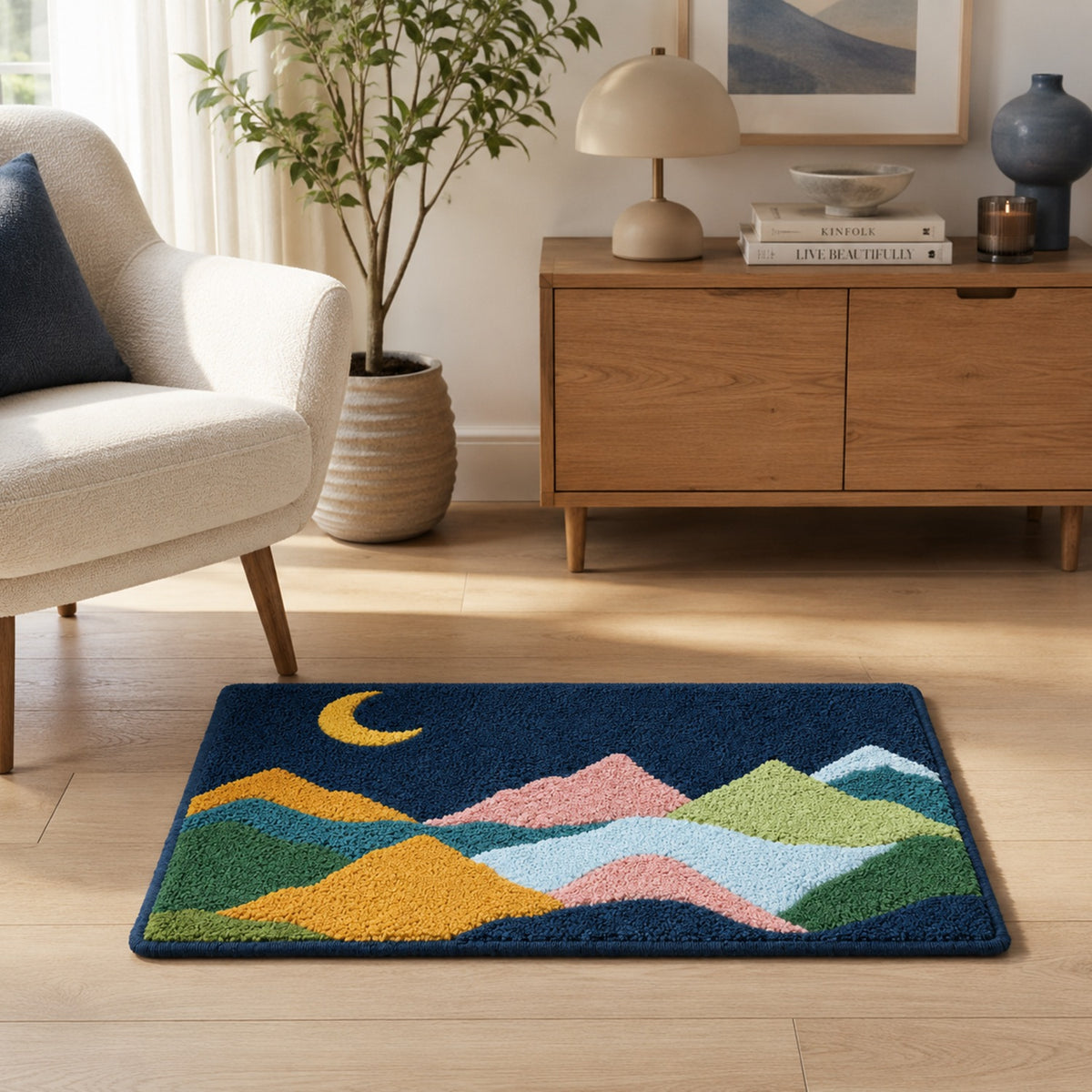 Feblilac Colorful Mountains and Moon on Green Tufted Bath Mat