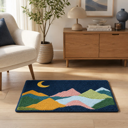 Feblilac Colorful Mountains and Moon on Green Tufted Bath Mat