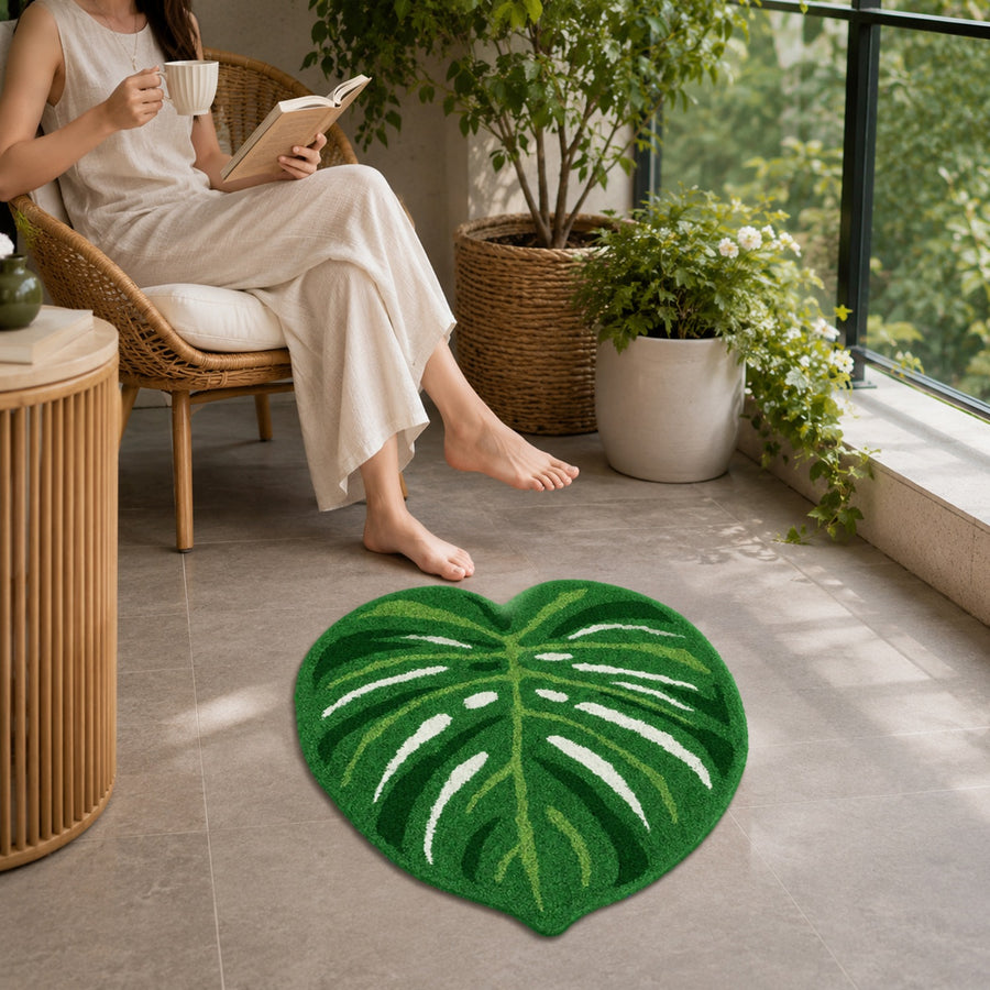 Feblilac Green Leaves Toilet Mat Tufted Bath Mat