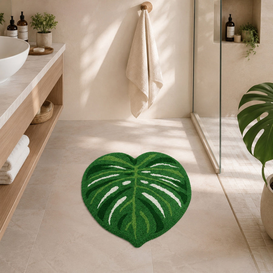 Feblilac Green Leaves Toilet Mat Tufted Bath Mat