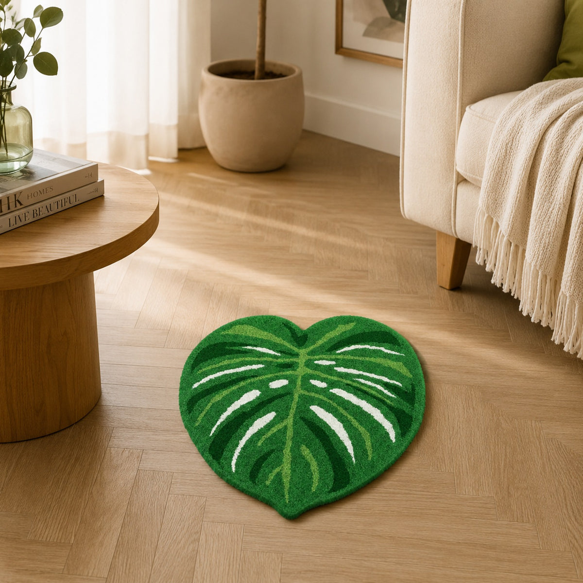 Feblilac Green Leaves Toilet Mat Tufted Bath Mat