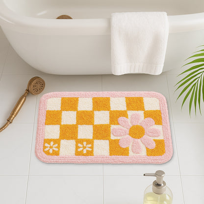 Feblilac Pink and Yellow Checkered Flowers Tufted Bath Mat