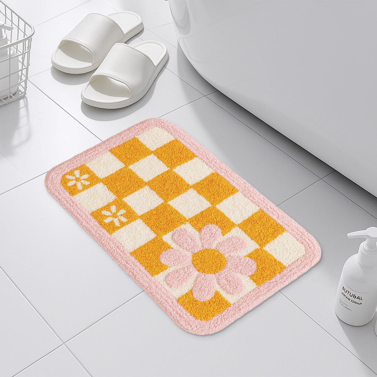 Feblilac Pink and Yellow Checkered Flowers Tufted Bath Mat