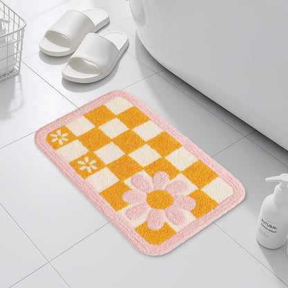 Feblilac Pink and Yellow Checkered Flowers Tufted Bath Mat