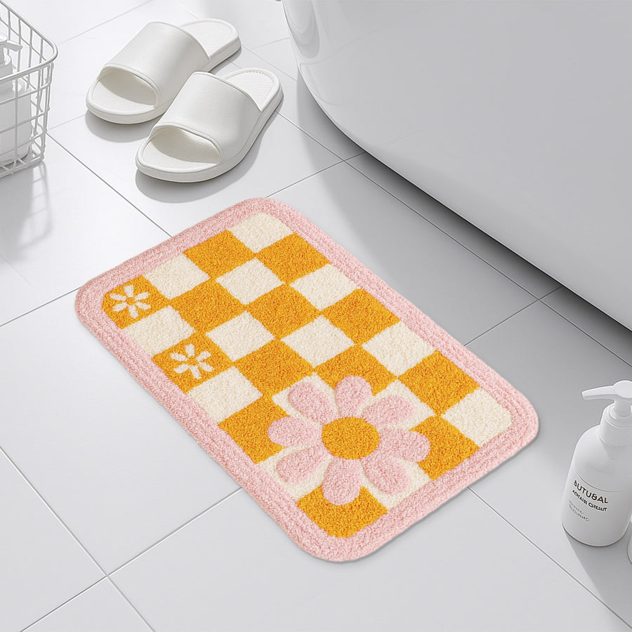 Feblilac Pink and Yellow Checkered Flowers Tufted Bath Mat
