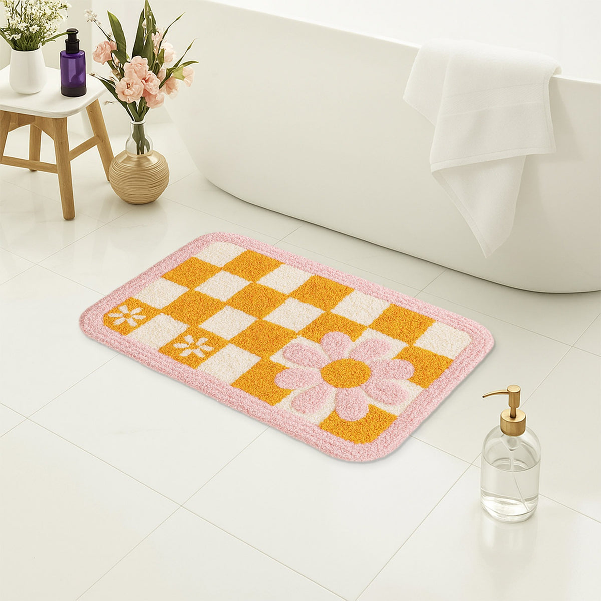Feblilac Pink and Yellow Checkered Flowers Tufted Bath Mat