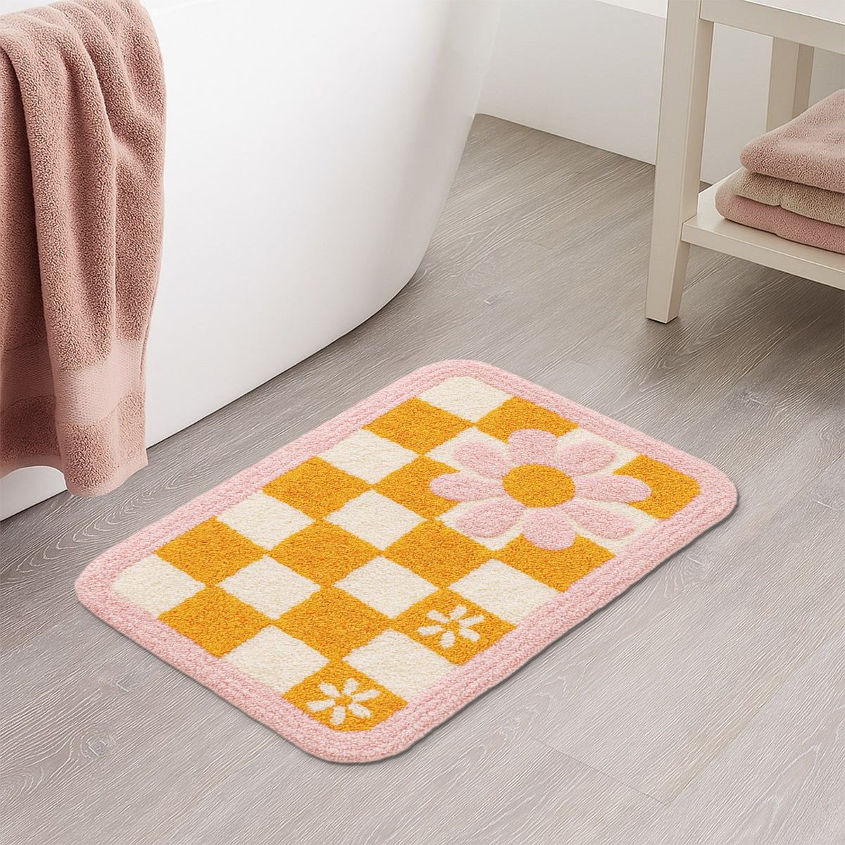 Feblilac Pink and Yellow Checkered Flowers Tufted Bath Mat