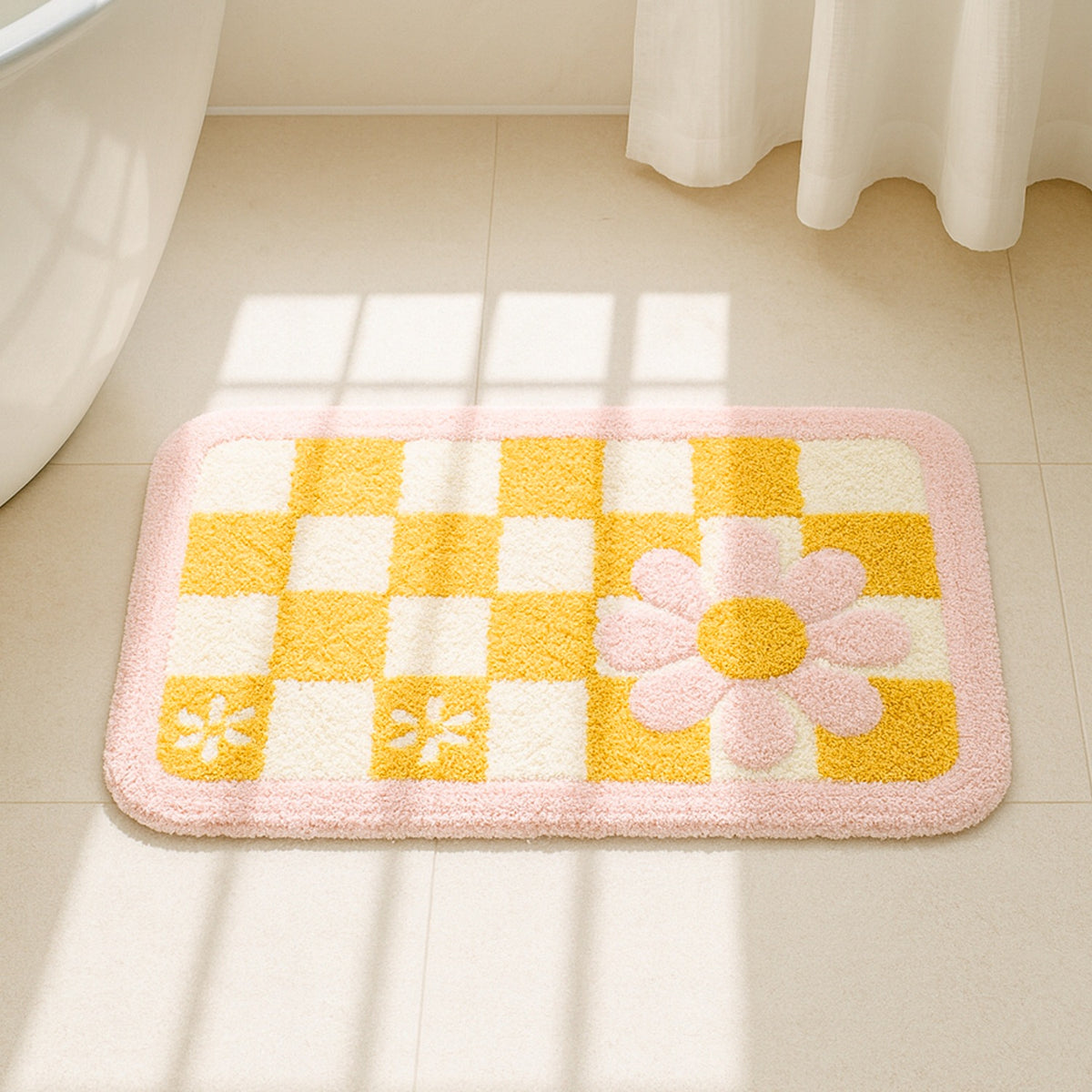 Feblilac Pink and Yellow Checkered Flowers Tufted Bath Mat