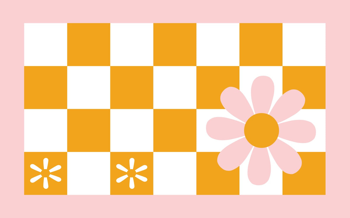 Feblilac Pink and Yellow Checkered Flowers Tufted Bath Mat