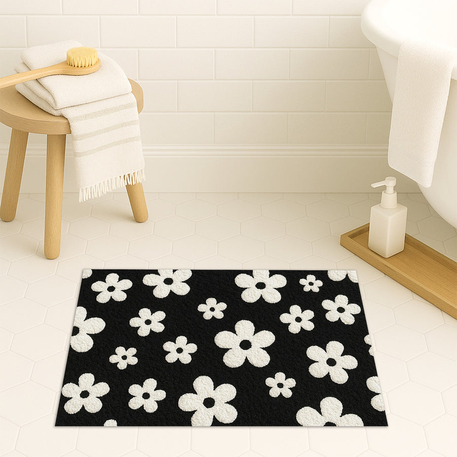 Feblilac White Flowers on Black Tufted Bath Mat