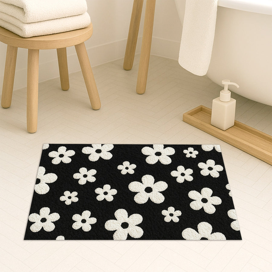 Feblilac White Flowers on Black Tufted Bath Mat