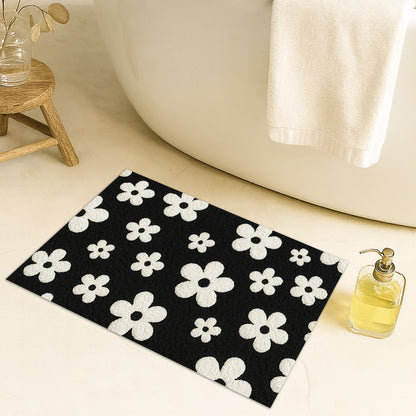 Feblilac White Flowers on Black Tufted Bath Mat