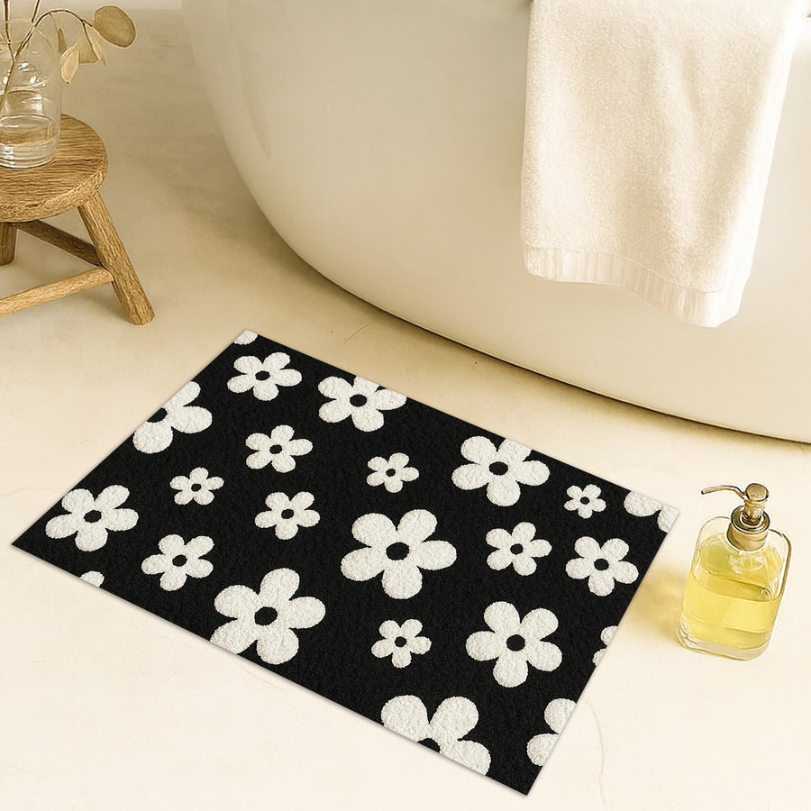 Feblilac White Flowers on Black Tufted Bath Mat