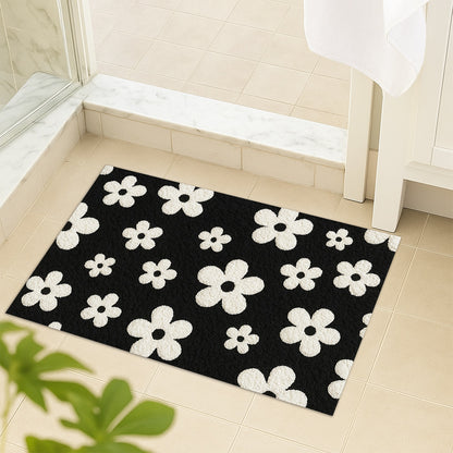 Feblilac White Flowers on Black Tufted Bath Mat