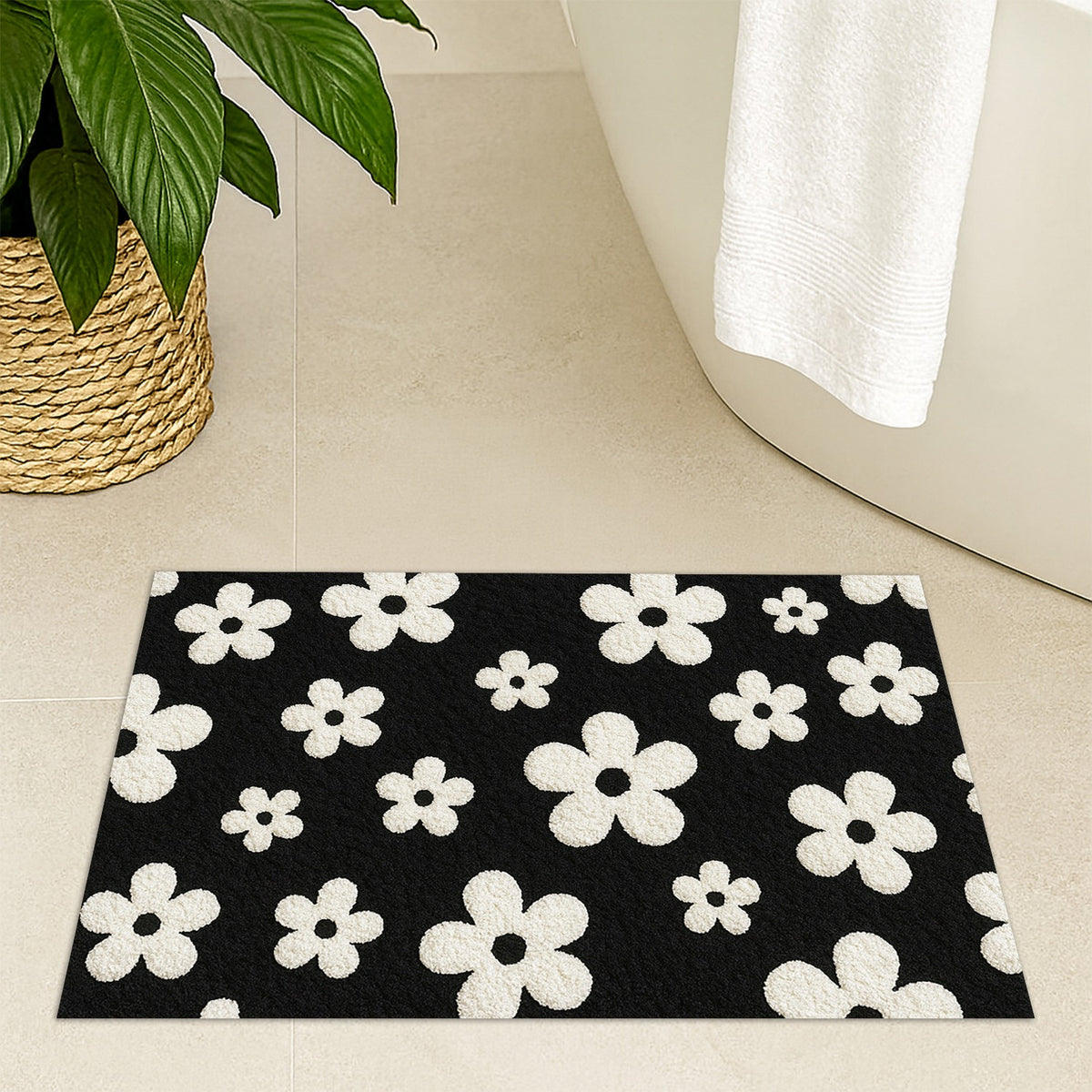 Feblilac White Flowers on Black Tufted Bath Mat