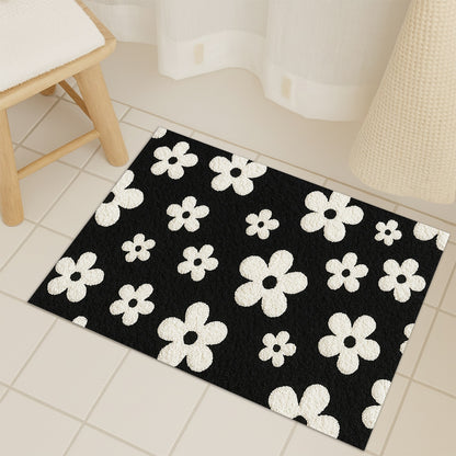 Feblilac White Flowers on Black Tufted Bath Mat
