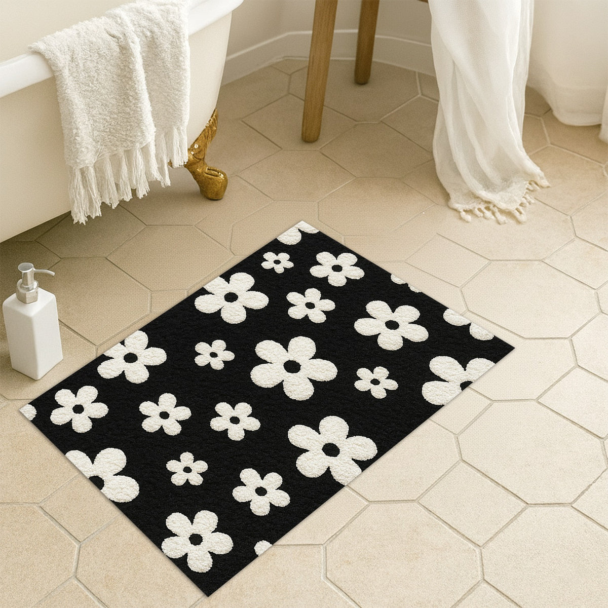 Feblilac White Flowers on Black Tufted Bath Mat