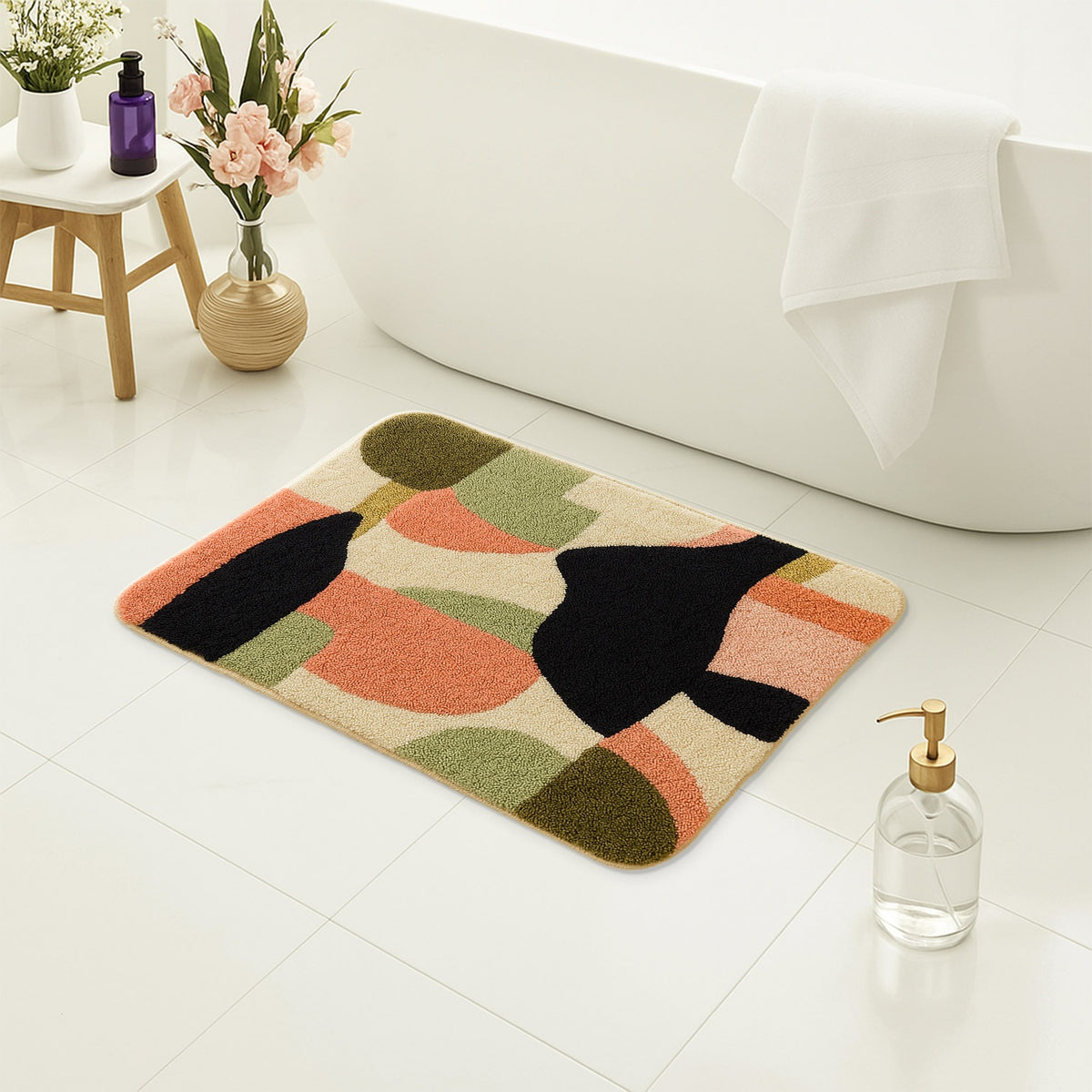 Feblilac Abstract Irregular Color Blocks Tufted Bath Mat