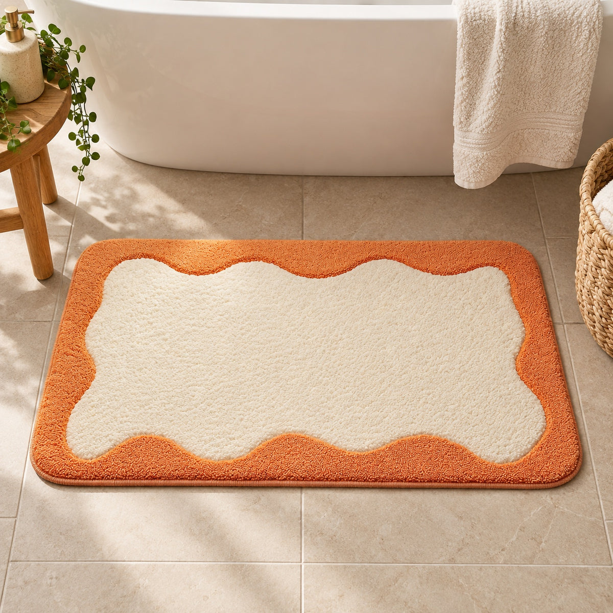 Feblilac Orange Wavy Border tufted bath mat on a tile floor beside the vanity