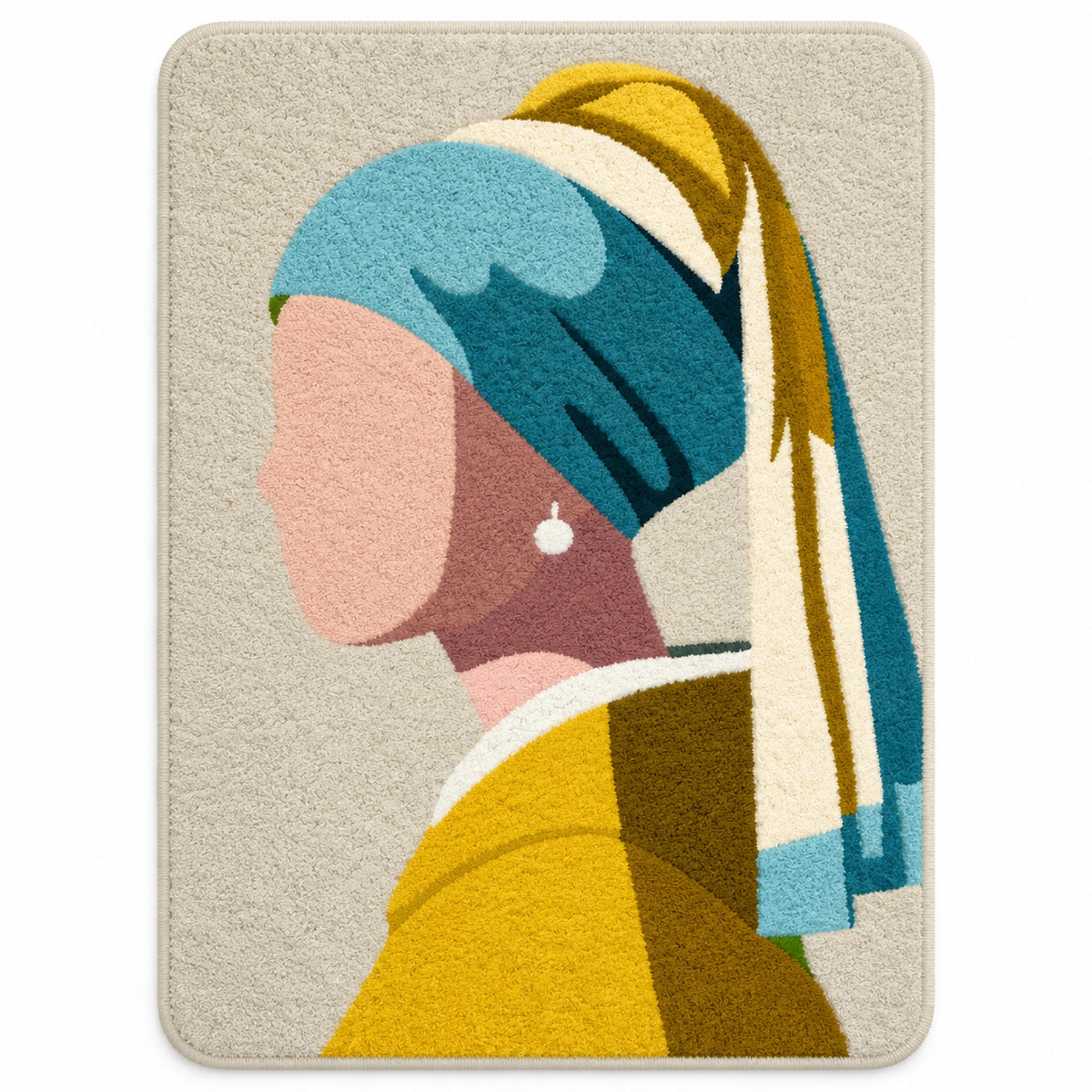 Feblilac Girl with a Pearl Earring tufted bath mat in a bright bathroom beside the bathtub