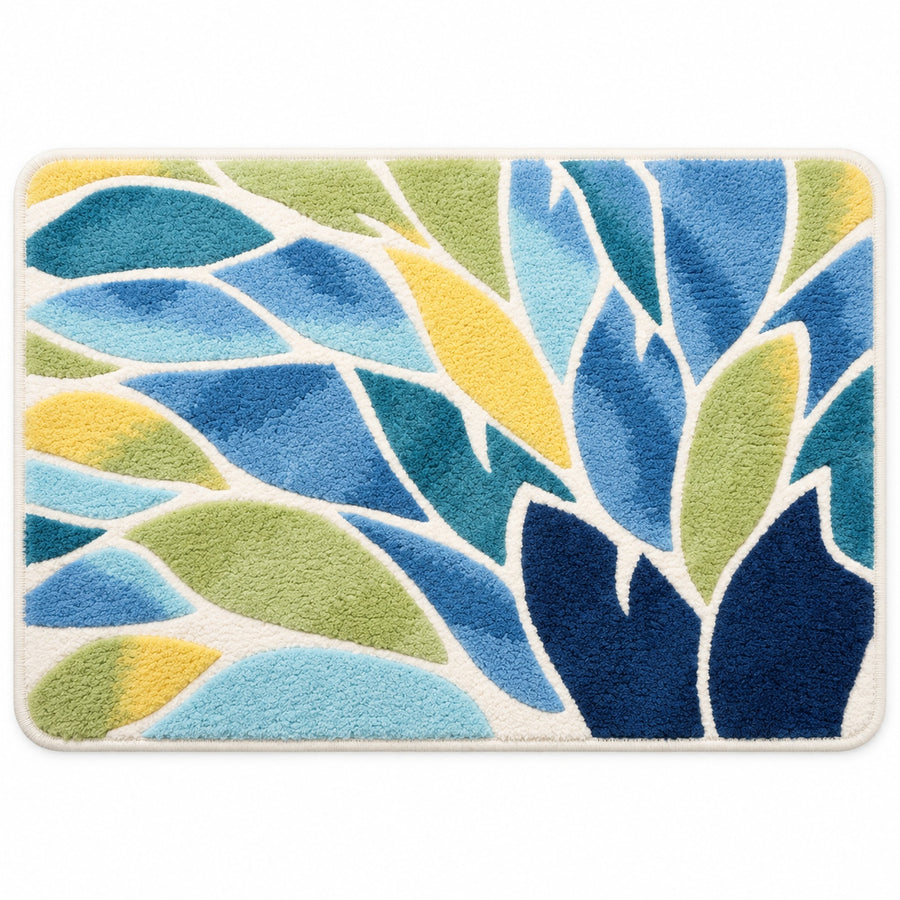 Feblilac Blue and Green Leaves Tufted Bath Mat – Botanical Bathroom Rug flat lay on a clean white background