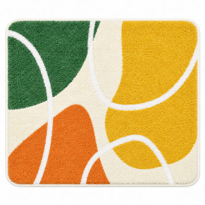 Feblilac Red Yellow Green Abstract Curves tufted bath mat in a bright bathroom beside the bathtub