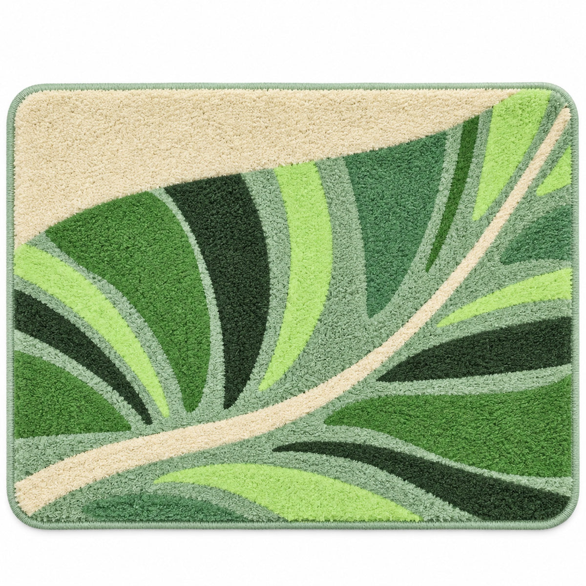 Feblilac Flowing Green Leaves tufted bath mat in a bright bathroom beside the bathtub