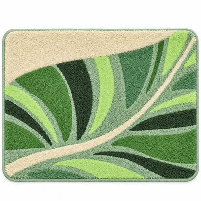 Feblilac Flowing Green Leaves tufted bath mat in a bright bathroom beside the bathtub