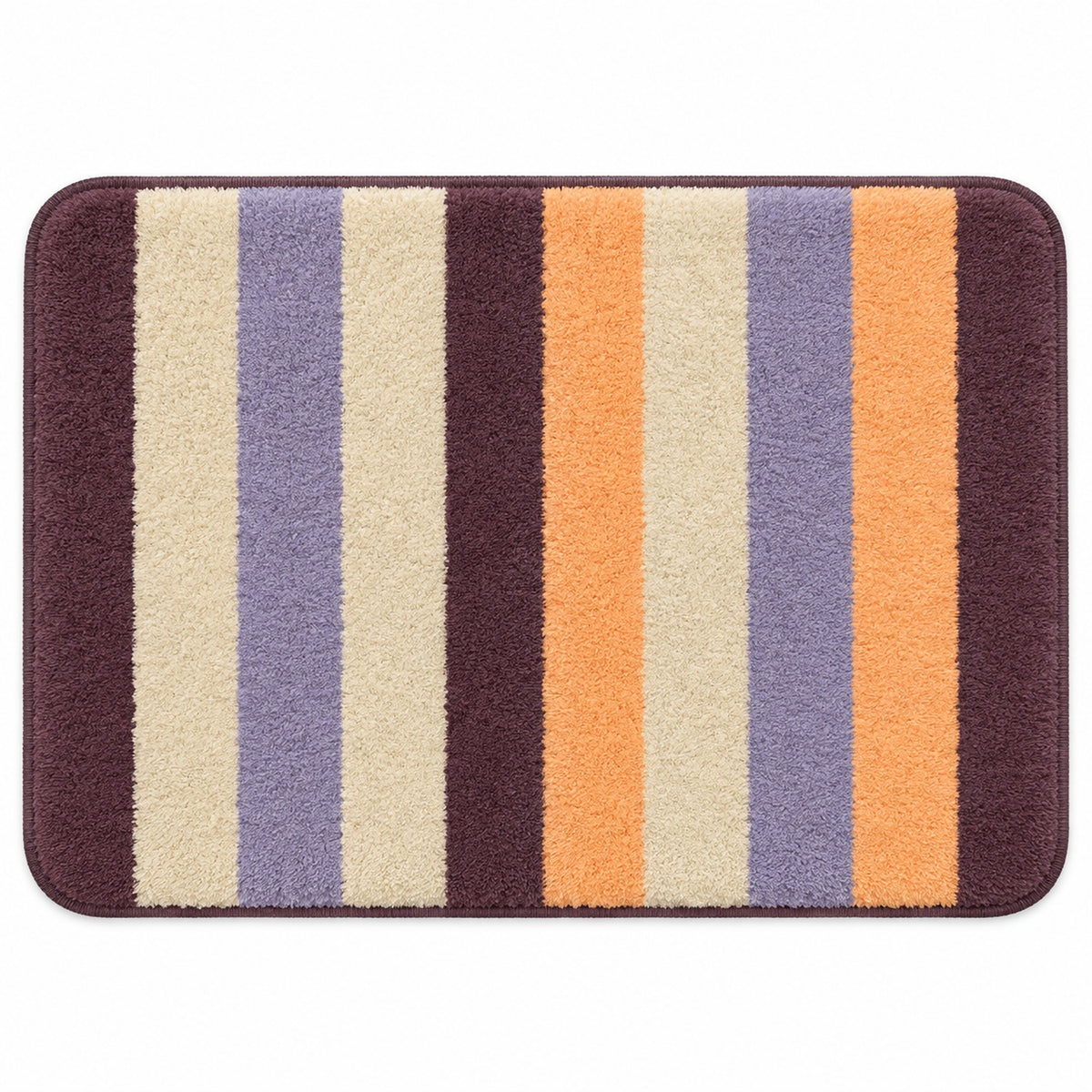 Feblilac Orange and Purple Stripes tufted bath mat in a bright bathroom beside the bathtub
