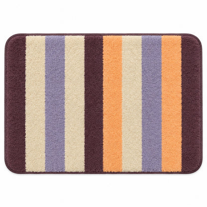Feblilac Orange and Purple Stripes tufted bath mat in a bright bathroom beside the bathtub