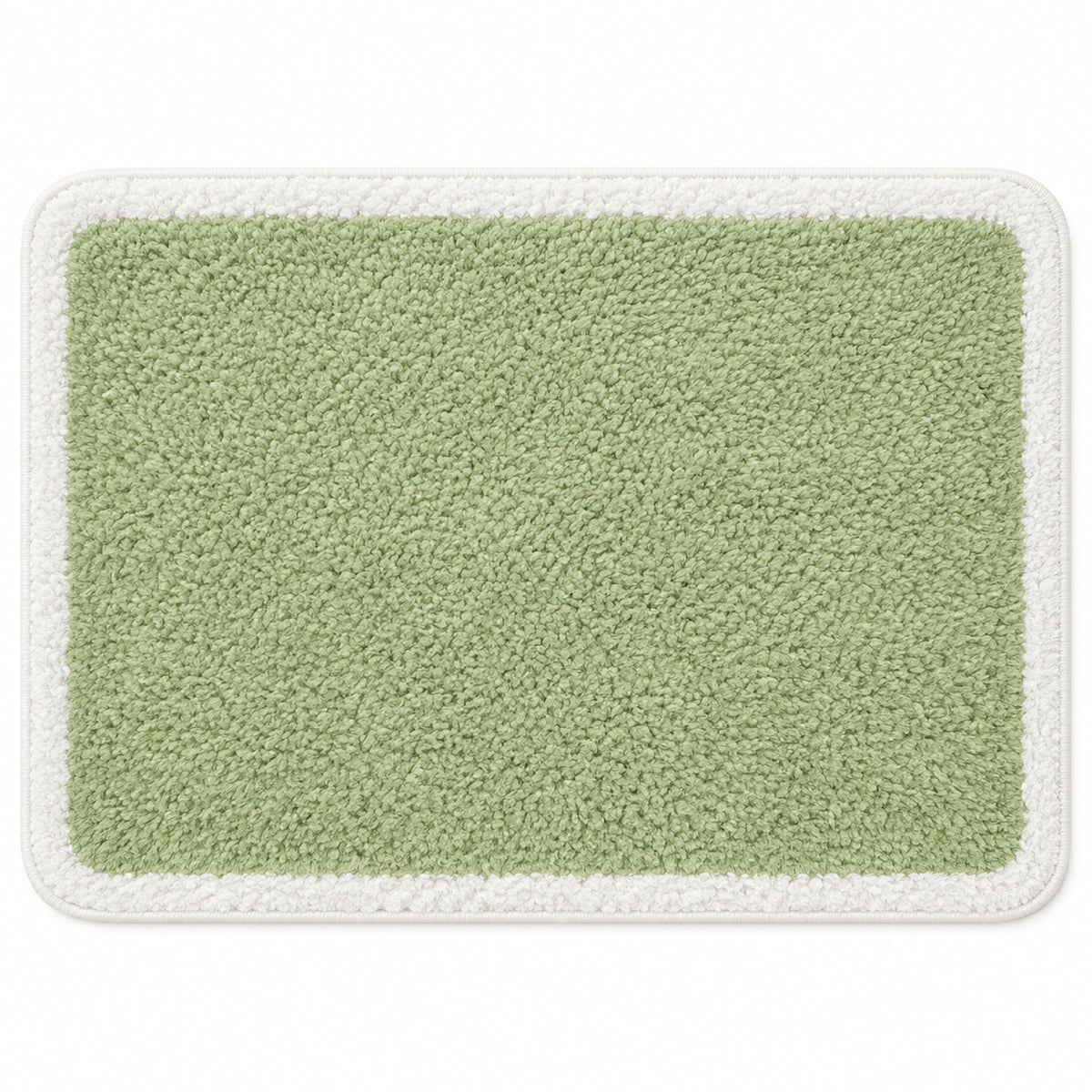 Feblilac Green with White Border tufted bath mat in a bright bathroom beside the bathtub