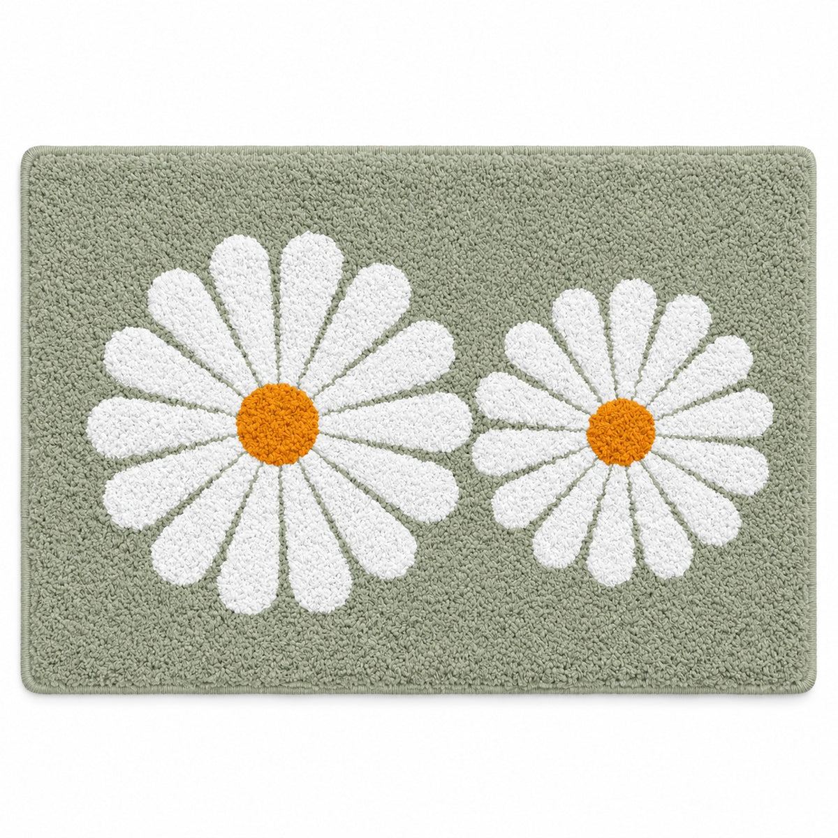 Feblilac Green Daisy Duo tufted bath mat on a tile floor beside the vanity