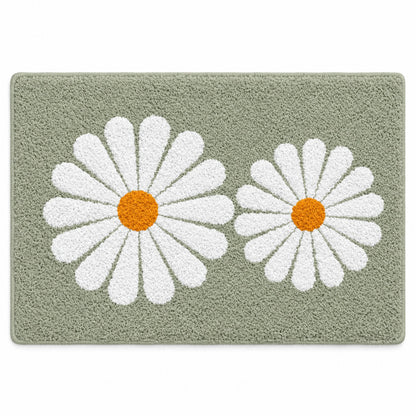 Feblilac Green Daisy Duo tufted bath mat on a tile floor beside the vanity