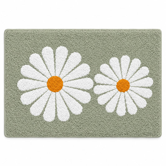 Feblilac Green Daisy Duo tufted bath mat on a tile floor beside the vanity