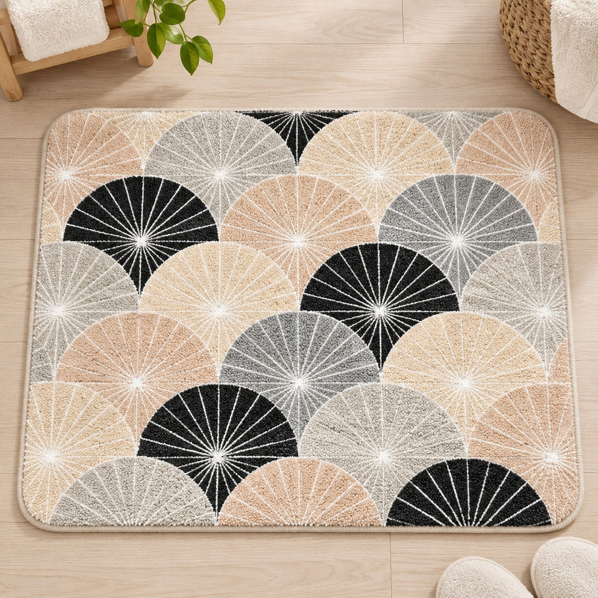 Feblilac Japanese Ginkgo Wave tufted bath mat on a tile floor beside the vanity