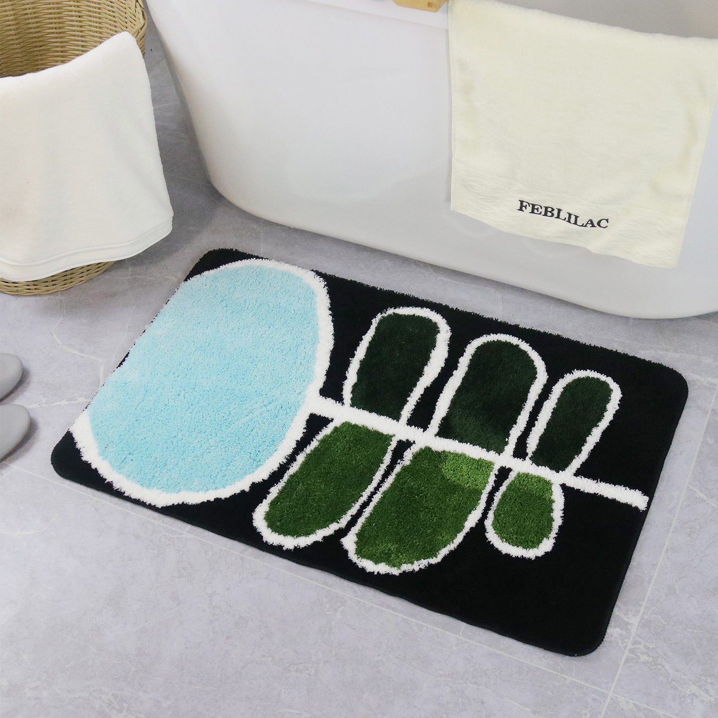 Feblilac Blue Green Black Leaves and Flower Bath Mat