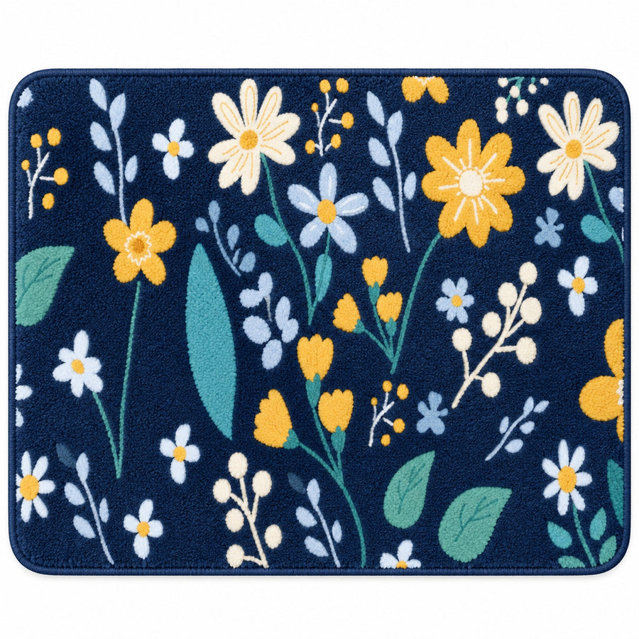 Feblilac Flower Pattern tufted bath mat in a bright bathroom beside the bathtub