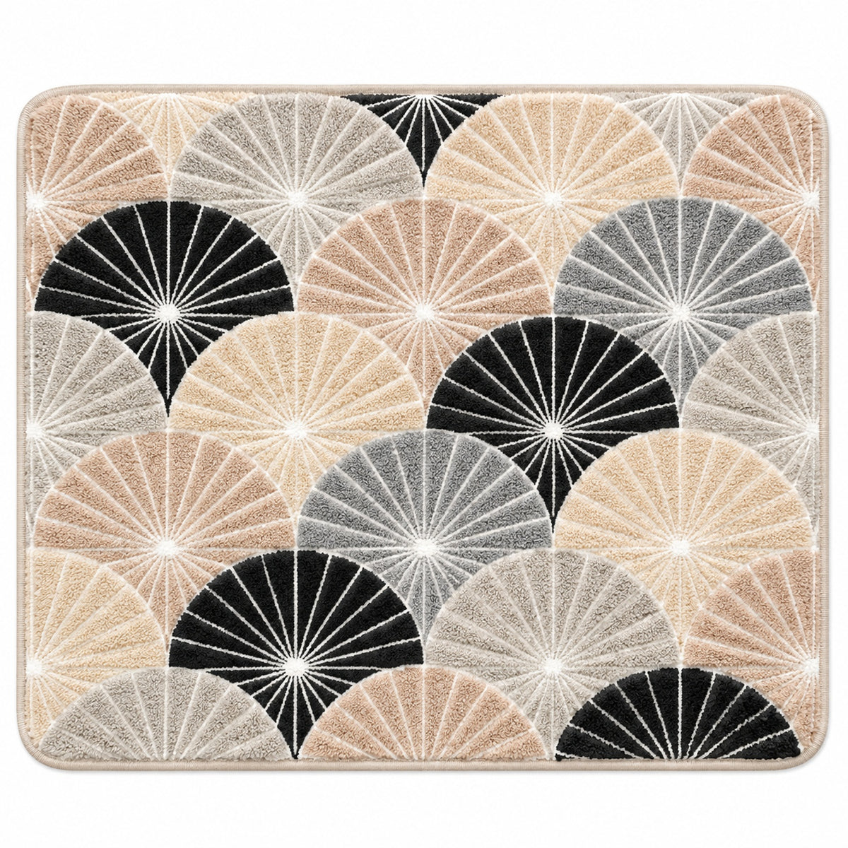 Feblilac Japanese Ginkgo Wave tufted bath mat in front of the bathtub in natural light